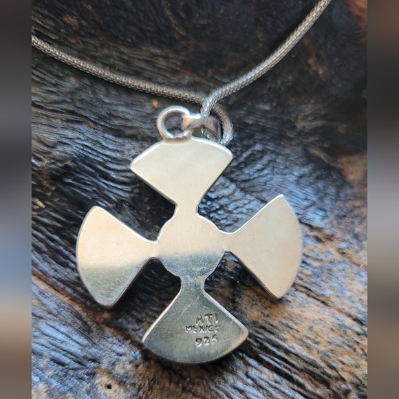 Vintage Sterling Stamped Mexican Cross Turquoise and Silver Pendant Necklace - Picture 3 of 5